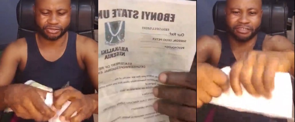 Nigerian Man Tears Second Class Upper University Degree, NYSC Certificate And WAEC Result In Frustration