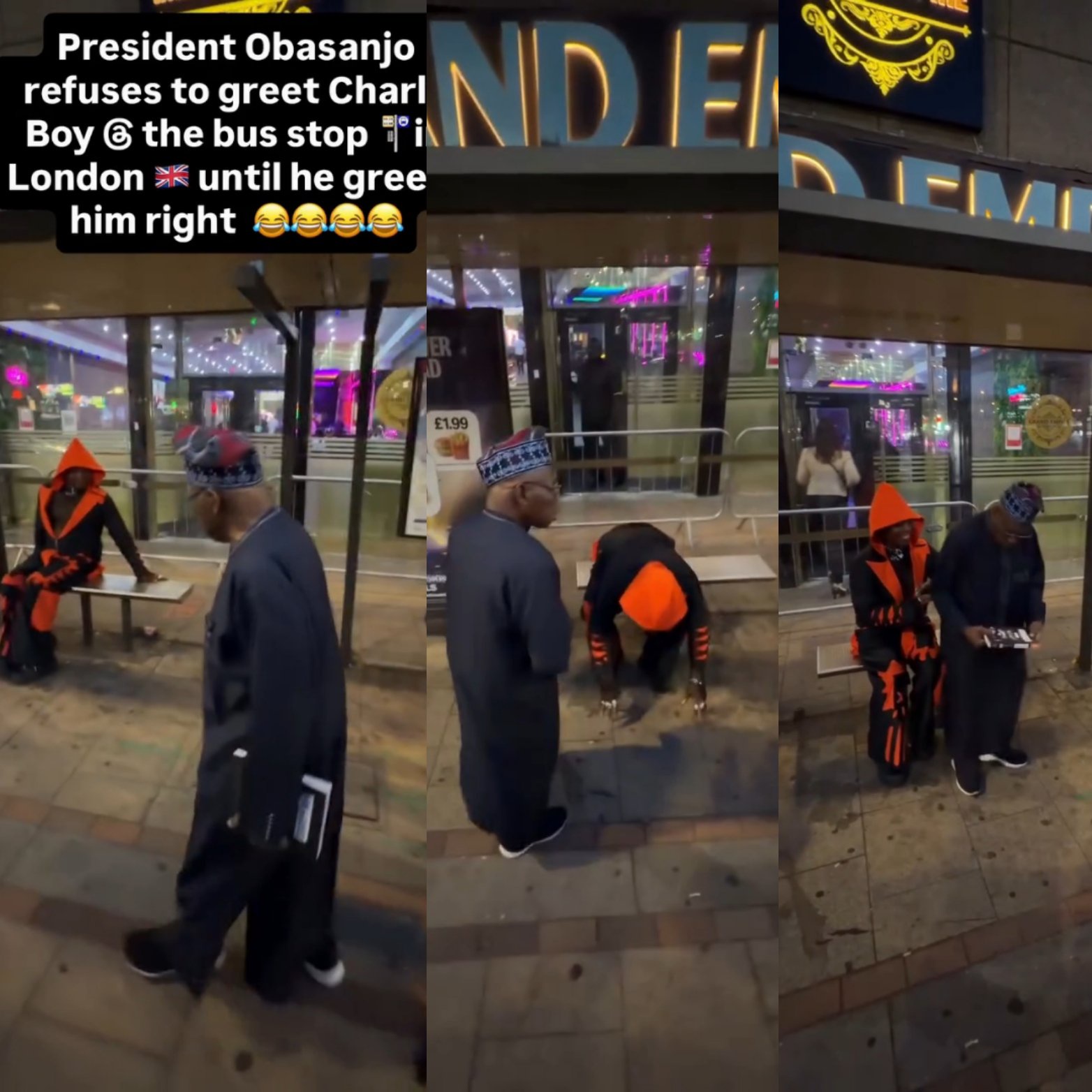 Ex-President Obasanjo refuses to acknowledge CharleyBoy in London unless he prostrates in adorable video