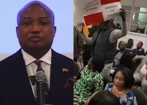 ‘Yɛgye Yɛn Sika!’ – Watch as protesters disrupt Ablakwa’s speech in Canada