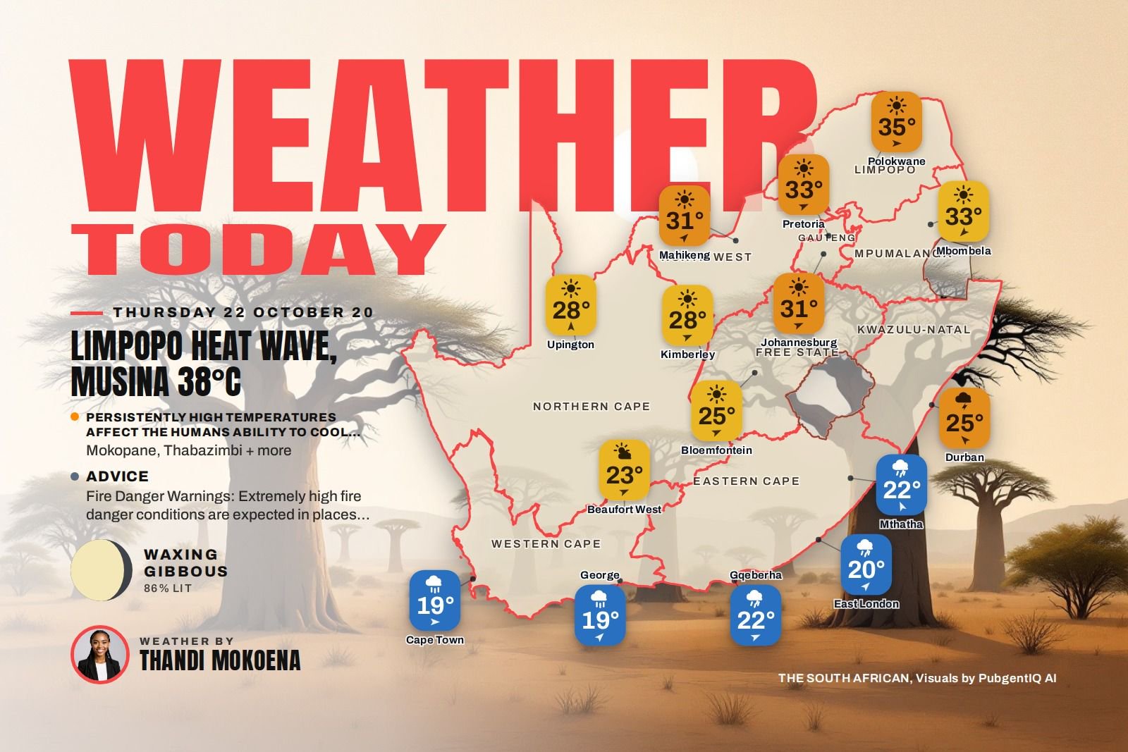 WEATHER TODAY: Limpopo heat wave, Musina 38°C and KZN thundershowers