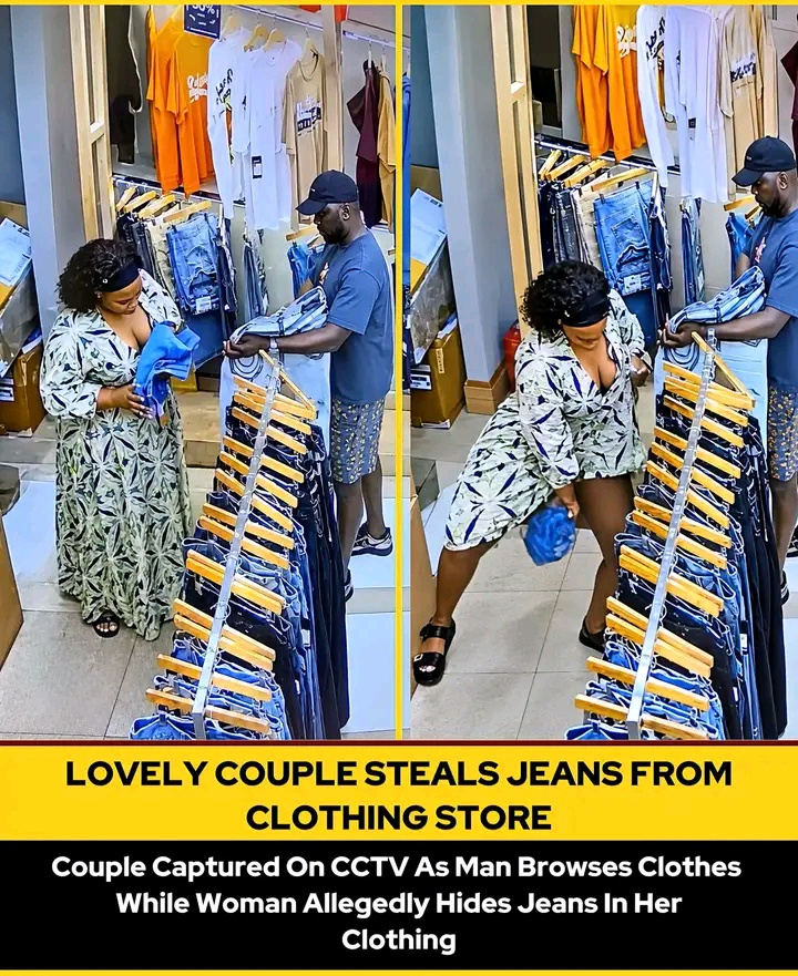 Couple Captured on CCTV as man browses clothes while woman allegedly hides jeans in her clothing