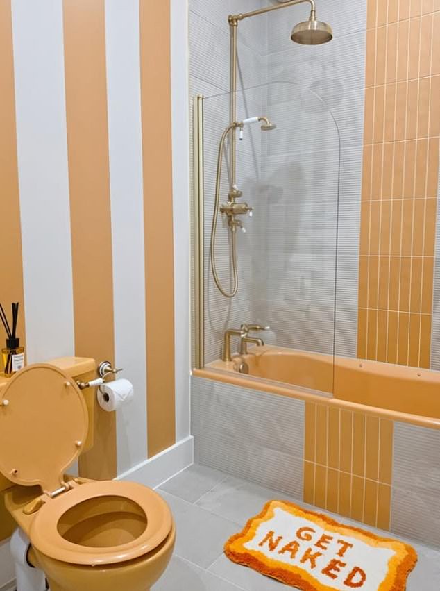 Stacey Solomon shows off the renovated orange bathroom at her new £2M Essex mansion as she upcycles garish sink, toilet and bath and jokes ‘I’m ready for people to hate this!’