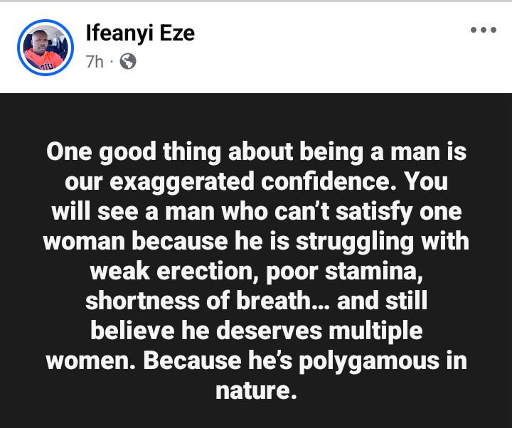 Poor stamina, exaggerated confidence – Nigerian man questions why men who can’t perform demand multiple partners