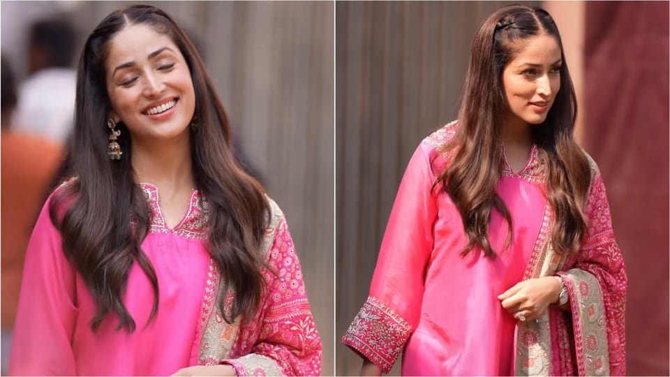 Yami Gautam brings a pop of pink to ethnic fashion in kurta set with embroidered dupatta, minimal makeup: How to recreate her look this festive season