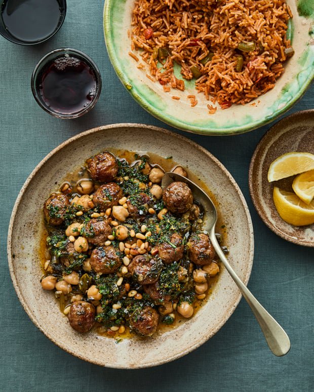 Sami Tamimi’s recipes for lamb meatballs with spinach and chickpea stew, and red rice