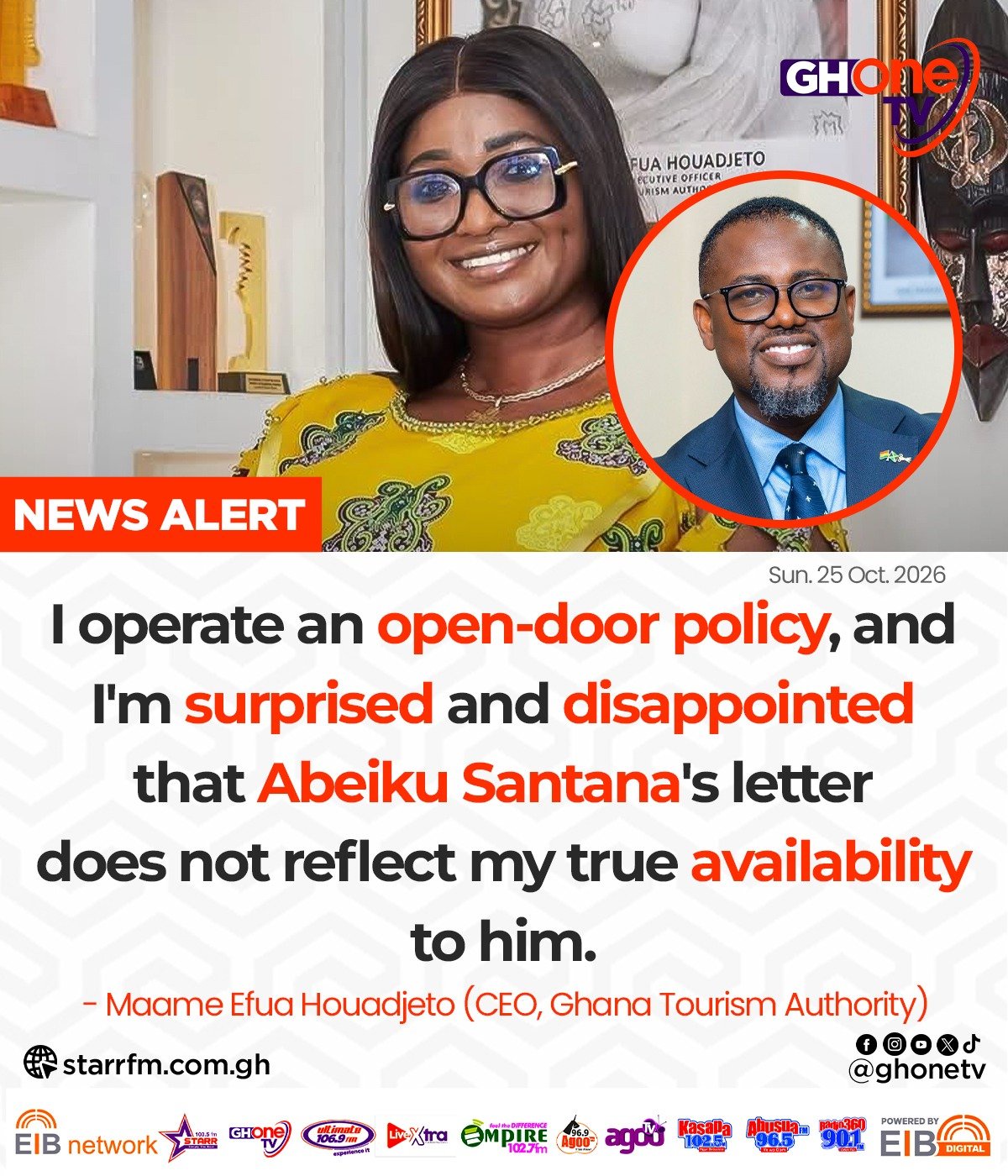 I’m Surprised and Disappointed — GTA CEO Maame Efua Houadjeto Responds to Abeiku Santana’s Letter