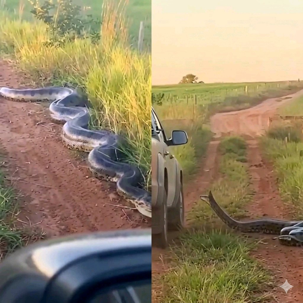 Giant Anaconda Attacks Moving Bakkie on South African Dirt Road in A Viral Video Footage