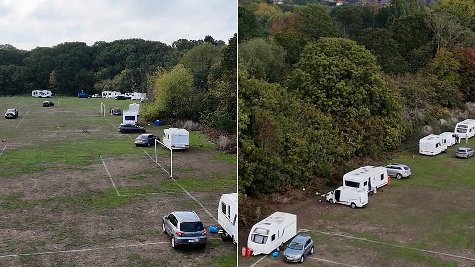 Travellers illegally descend on London suburb with rows of caravans