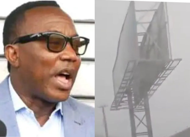 Reactions Trail Sowore’s Comment As Heavy Rainstorm Brings Down Tinubu’s Campaign Billboard