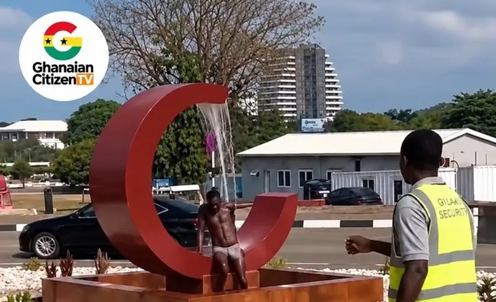 ‘Drama Near Accra International Airport As Man Is Arrested For Bathing In Public Fountain