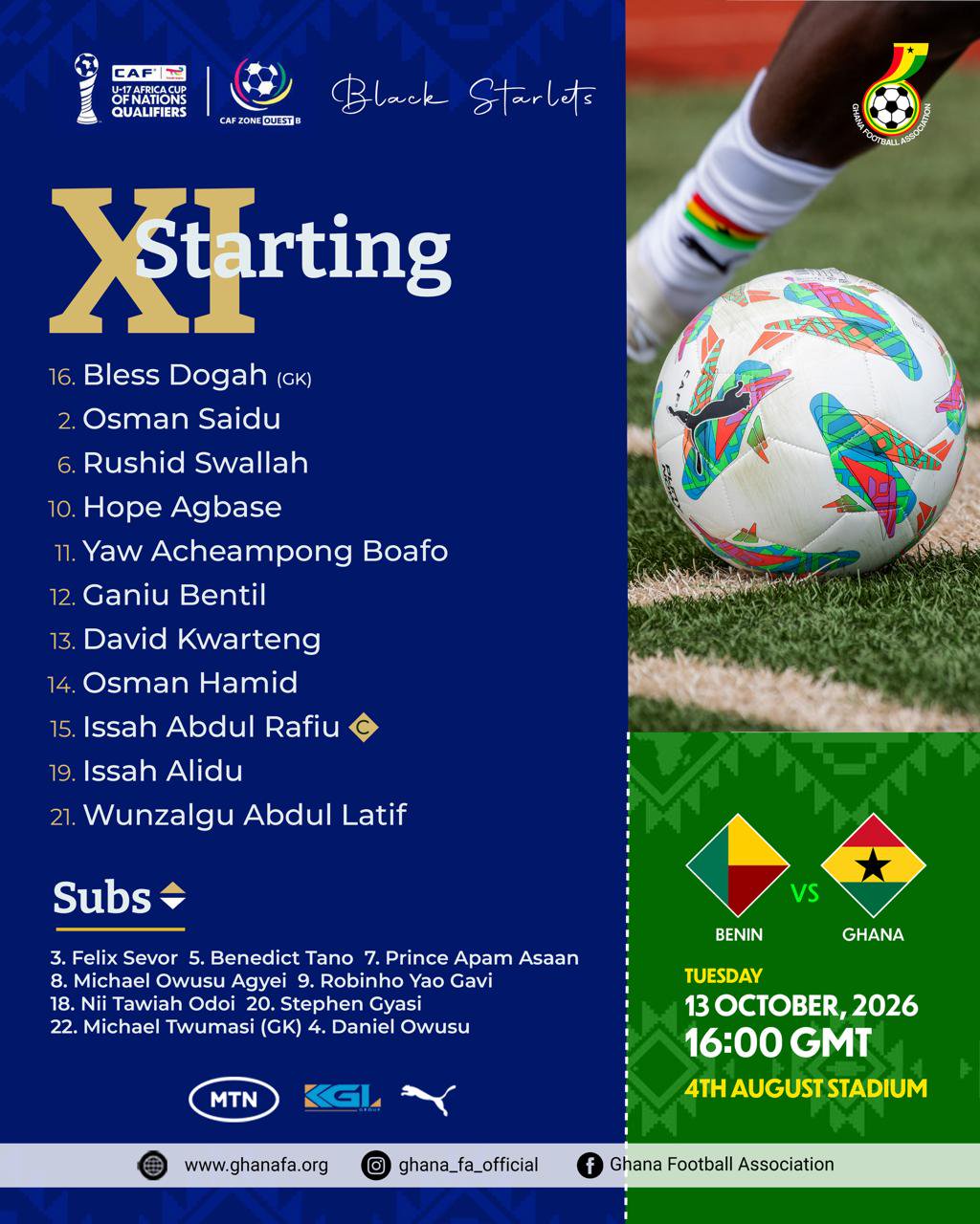 Ganiu Bentil starts as Ghana face Benin in WAFU Zone B U-17 qualifier