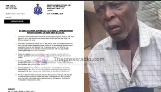 87-Year-Old Man Sentenced to 20 Years in Prison for Defiling Nine-Year-Old Girl