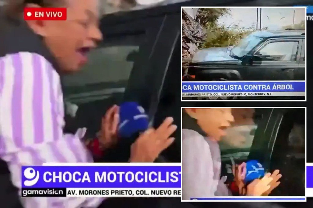 Shocking moment news reporter and cameraman are struck by van after vehicle skids off busy road during live broadcast