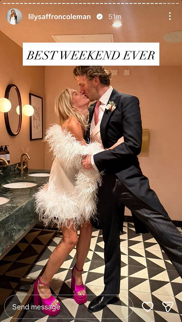 Annabel Croft’s daughter Lily Coleman wraps a feather boa around her husband as she changes into a mini-dress and pink platform heels for wild first dance at London wedding