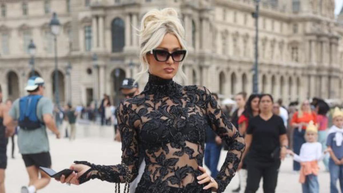 Paris Hilton Runs Through Paris Streets in Completely Sheer Elie Saab Dress