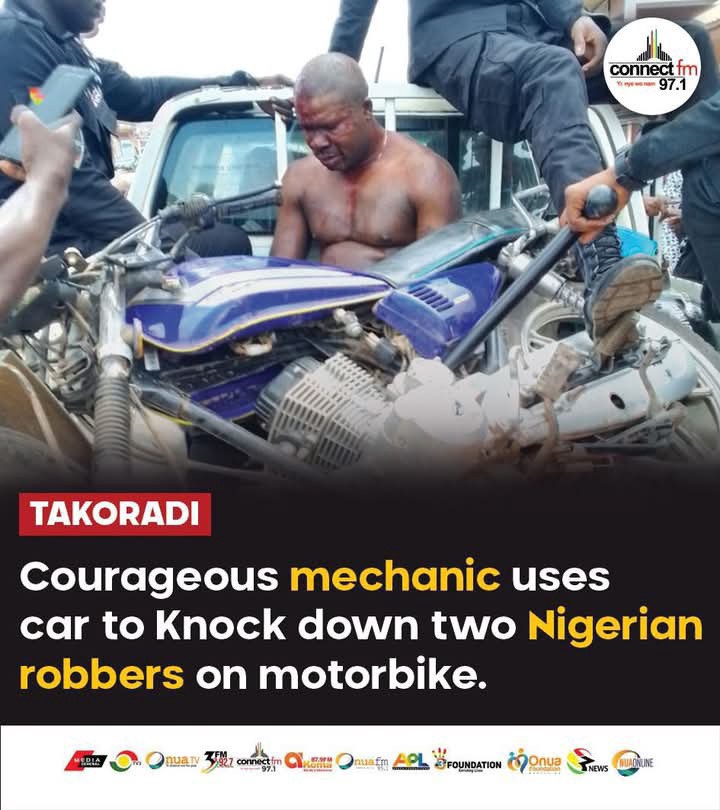 Ghanaians Respond as Courageous Mechanic Uses Car to Stop Two Robbers on a Motorbike