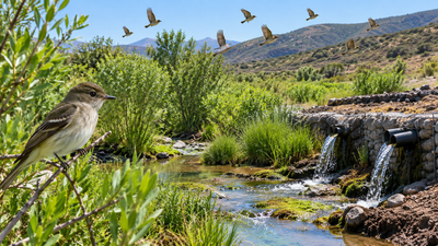 California raises soil saturation to 90% using artificial seeps at Camp Pendleton to restore endangered Willow Flycatcher habitat, but eight passing birds and no nests are recorded