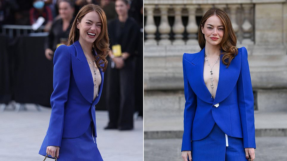 Emma Stone makes a statement at the Louis Vuitton show during PFW