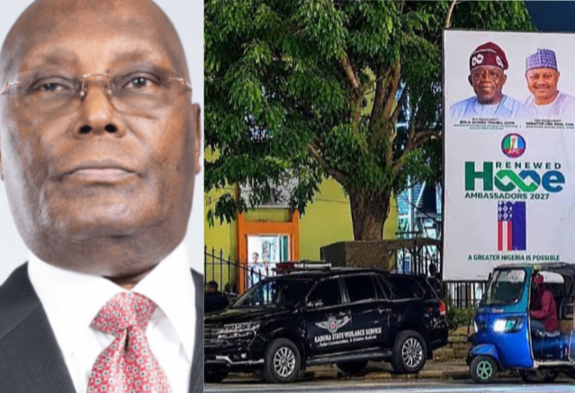Reactions Trail Atiku’s Comment As Police Are Seen Allegedly Guiding Tinubu’s Billboards In Kaduna