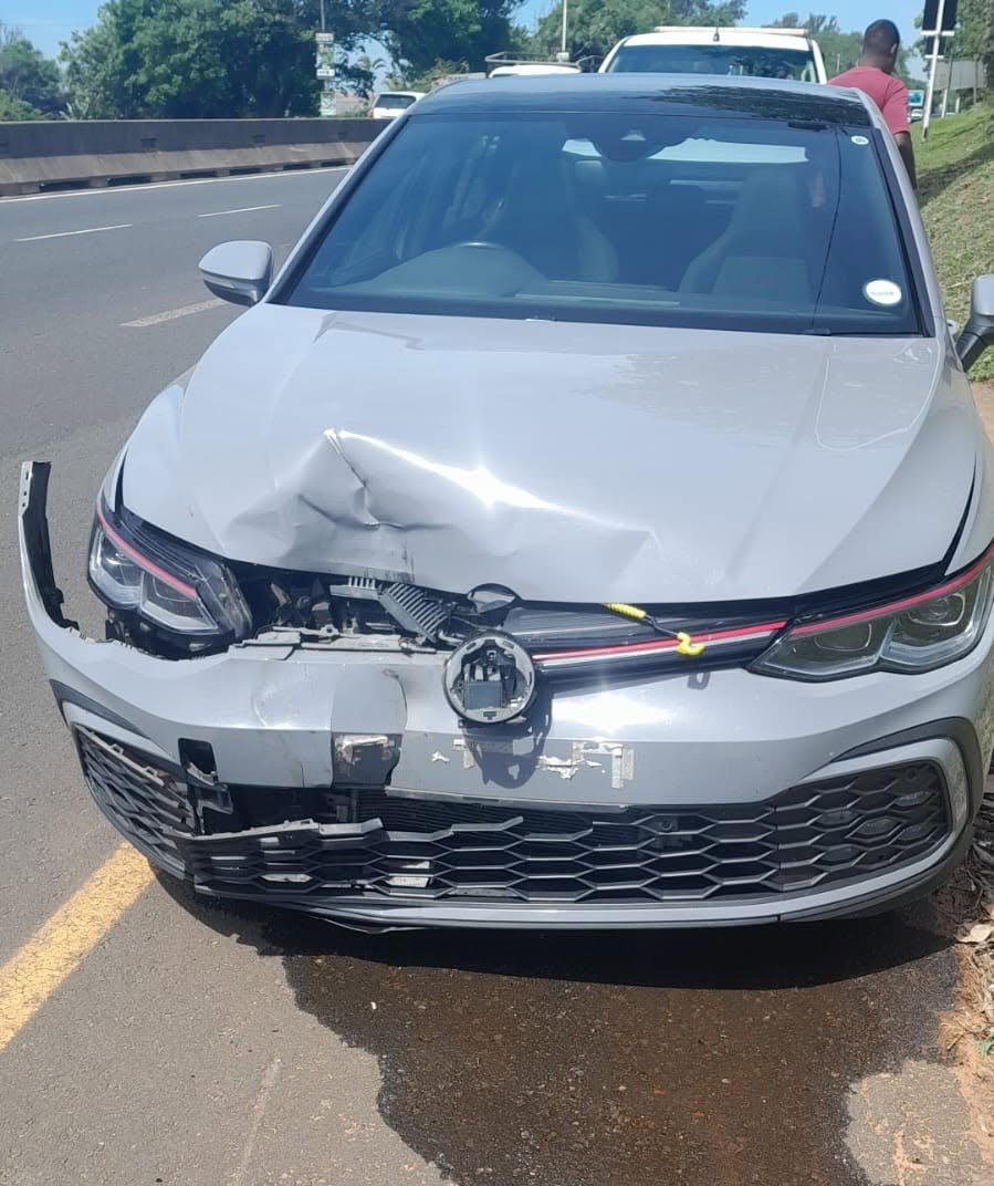 A Volkswagen Golf 8 GTI sustained extensive damage after being struck by a tyre that reportedly detached from a minibus taxi on the M4 Ruth First Highway