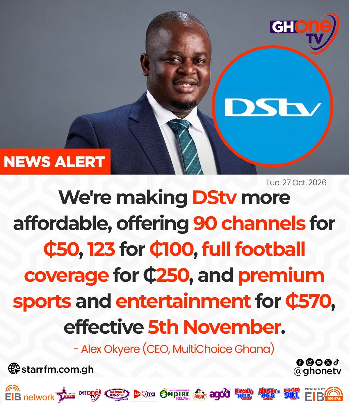 DStv Drops Major Price Bombshell: 90 Channels for GH₵50 as Alex Okyere Announces New Deals