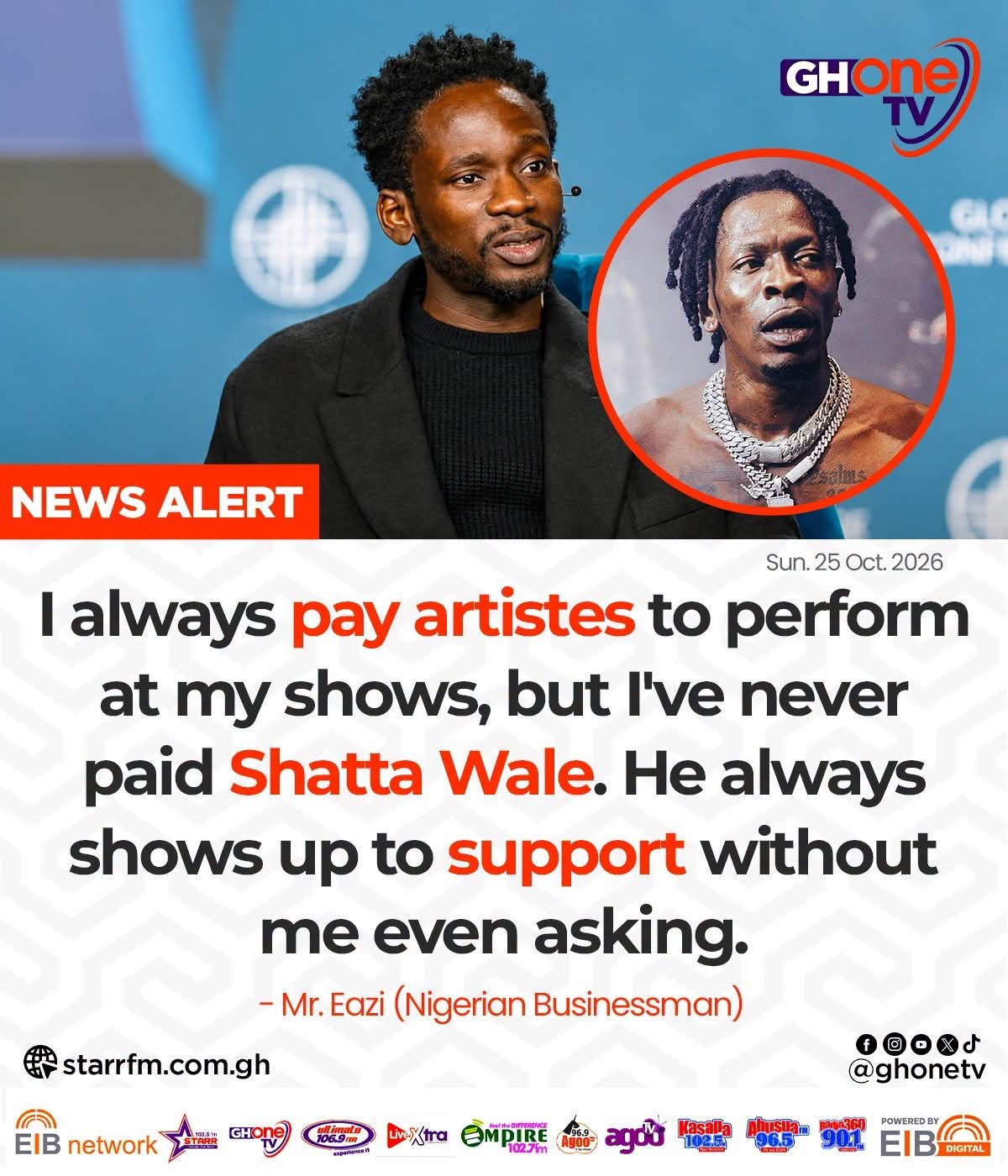 Mr Eazi Reveals Shatta Wale Supports His Shows Without Asking for Payment