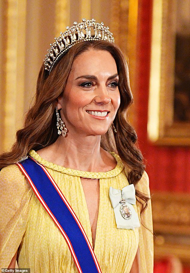 Kate’s modest makeover: Princess alters plunging neckline and sheer skirt on Elie Saab dress – teamed with her go-to tiara for Oman state banquet