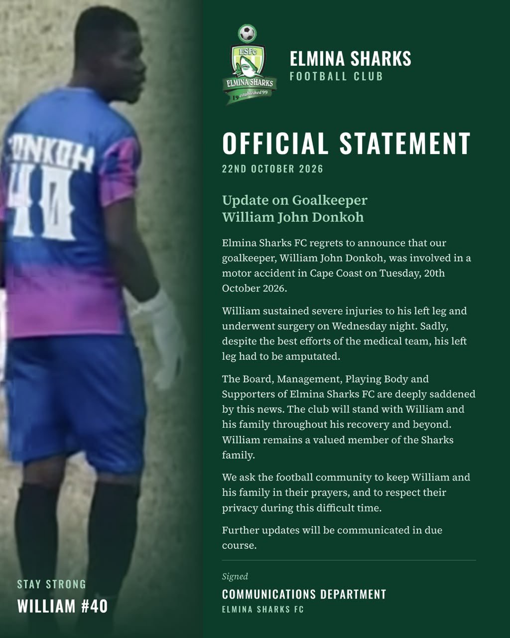 Heartbreaking: Elmina Sharks Keeper William John Donkoh Loses Left Leg After Cape Coast Motorbike Crash