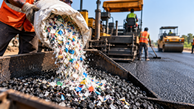 In India, engineers coated road aggregate with shredded plastic before adding bitumen; an NH-207 test track reported satisfactory performance