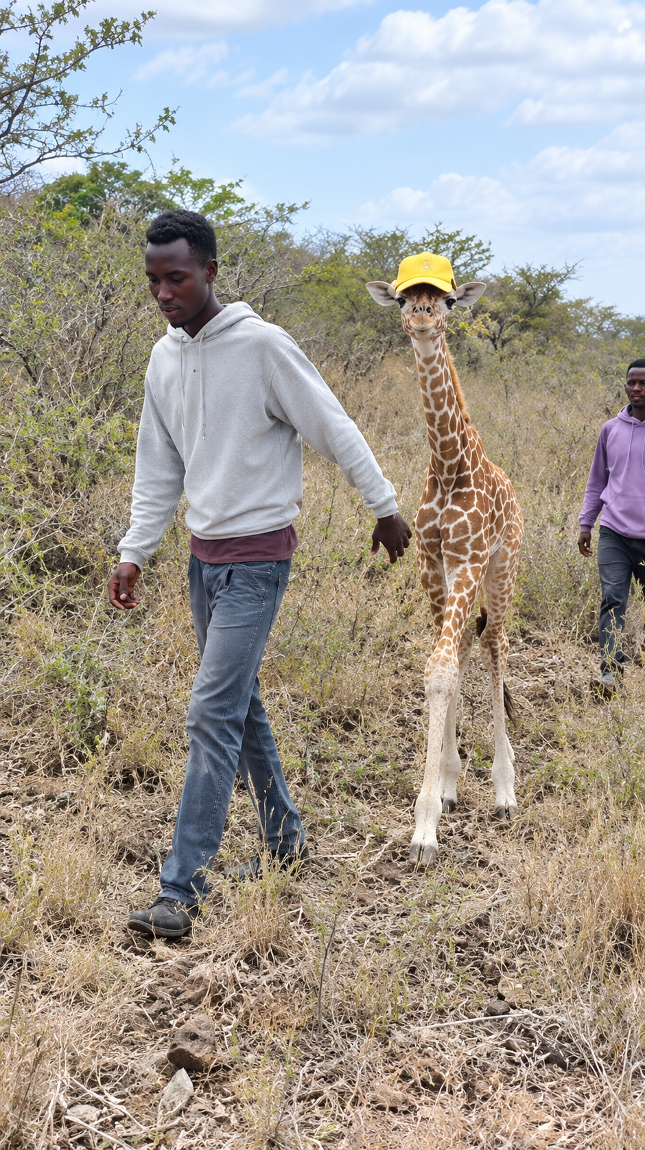 Viral Video of 2 Kenyan Men Walking With Baby Giraffe Leaves Many Talking