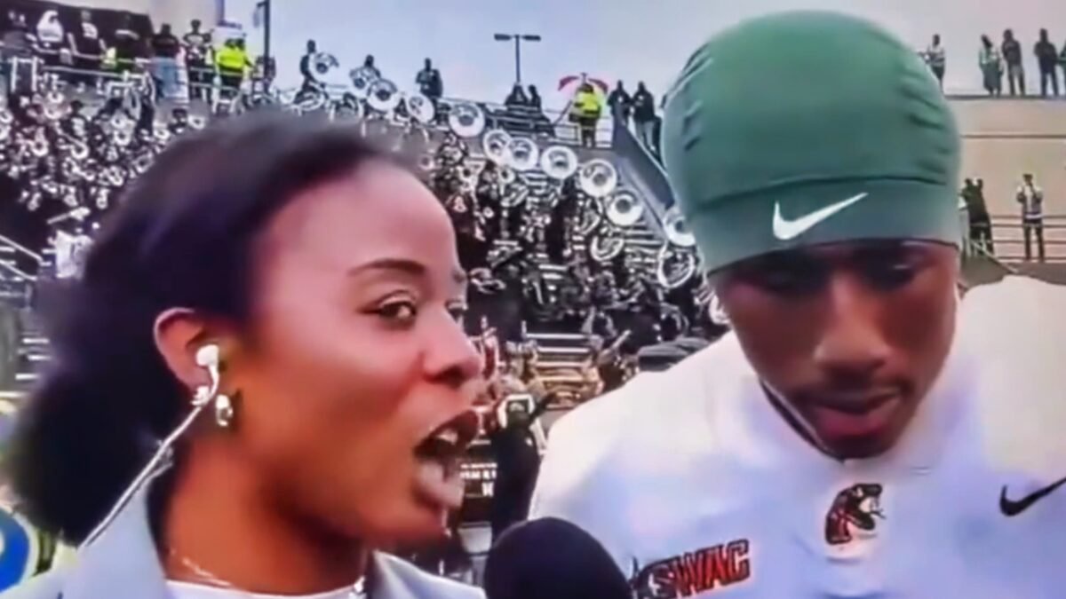 Chaos On The Field As Sideline Reporter Got Brutally “Holly Rowe’d” During Post-Game Interview [VIDEO]