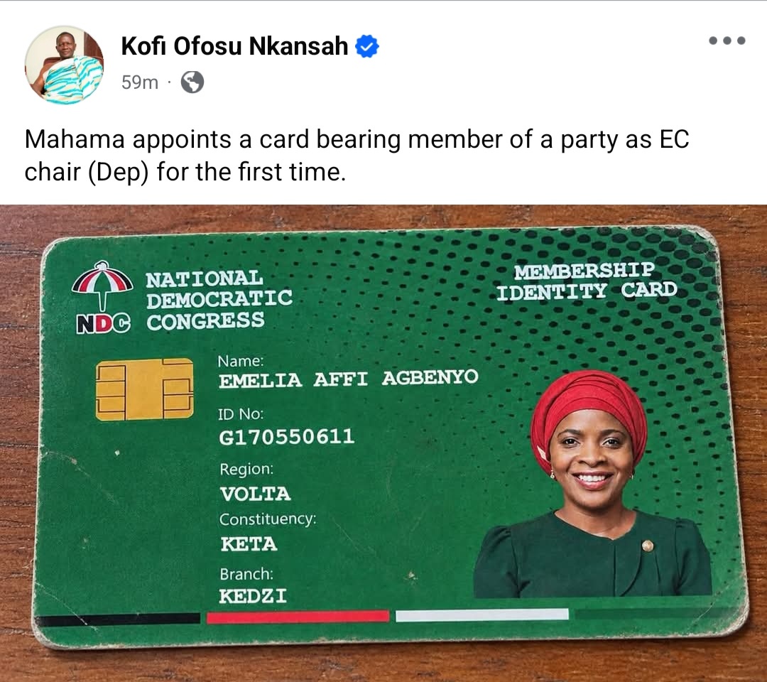 Massive Reactions As Alleged NDC Membership Card Of Emelia Affi, New EC Deputy Chair Surfaces Online