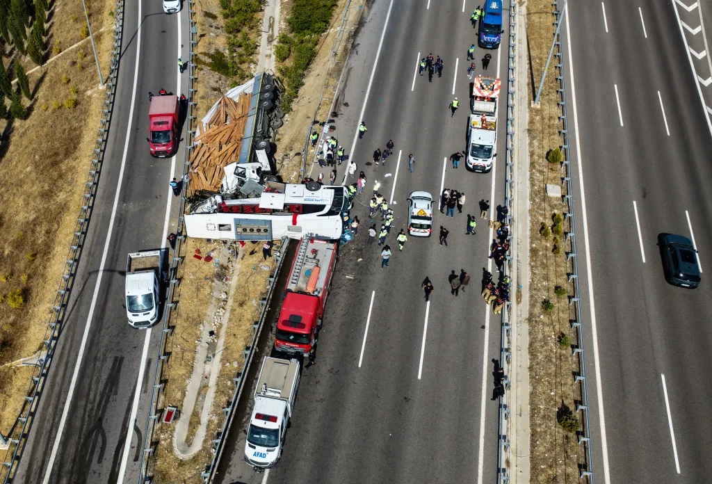 At least 11 dead and 27 injured after tour bus crashes into tow truck in horror smash in Turkey